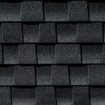 Close-up of GAF Timberline HDZ 33.33 sq. ft. Per Bundle Laminated High Definition Shingles in dark gray, featuring fine granules, rectangular patterns, StainGuard Plus Algae Protection, and a Lifetime Warranty by GAF.