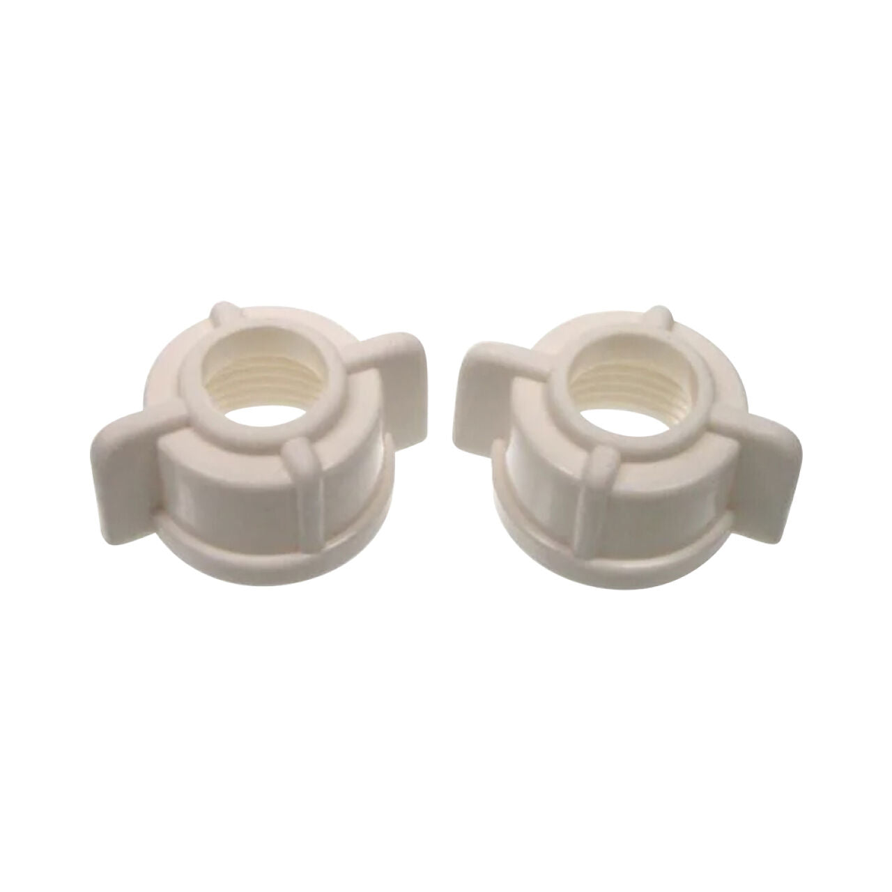 Go Build 1/2 in. Faucet Tailpiece Nuts (2/Pack) are white plastic nuts with threaded centers and flat side extensions, shown side by side on a plain white background—ideal replacements for faucet tailpiece installation projects.