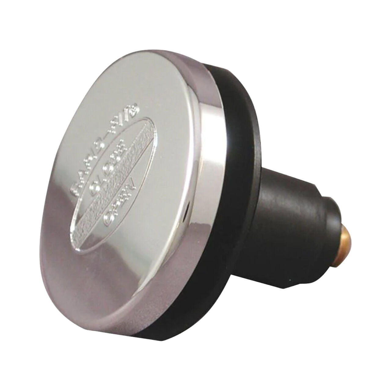 A shiny, domed chrome and black rubber cap with a small golden tip, photographed on white—resembling the Go Build 3/8 in. Rapid Fit Drain Stopper, The Fastest Way To Build.