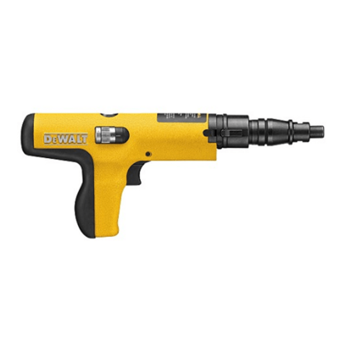 The DEWALT PA3500 semi-automatic powder-actuated tool by Go Build features a black grip and barrel, designed for heavy-duty tasks like fastening to concrete or steel. Its compact design includes safety switches and prominent branding.