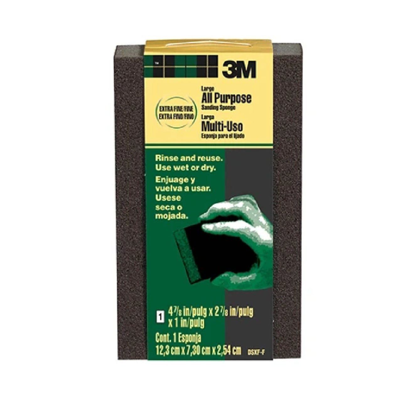 A hand holds the 3M DSXF-F Sanding Sponge, highlighted as Extra Fine, Rinse and Reuse, Use Wet or Dry. Perfect for detail sanding, this large all-purpose sponge measures 4-7/8 x 2-7/8 x 1 inch.
