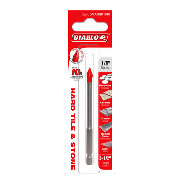 The Diablo DMANSP1010 drill bit features a 1/8 diamond tip with a hex shank, offering outstanding performance on porcelain, ceramic, granite, and glass. With a 3-1/2 length, its crafted for hard tile and stone and ensures an extended lifespan.
