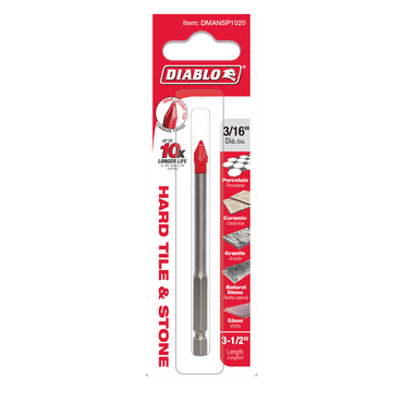 The DIABLO DMANSP1020 is a 3/16 diameter, 3-1/2 long carbide-tipped drill bit by Diablo, featuring a red tip and multi-ground grip for precision. Designed for hard tile and stone, it lasts 10x longer and easily handles porcelain, ceramic, granite, stone, and glass.