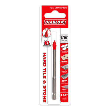 The DIABLO DMANSP1040, a 5/16 carbide-tipped drill bit with a 3-1/2 length and hex shank, is designed for hard tile and stone like porcelain, granite, and glass. It claims to offer 10x longer life with its distinctive red tip.