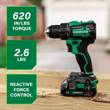 A green and black Metabo HPT DS18DEX 18V MultiVolt™ 1/2" Cordless Brushless Driver Drill Kit from Go Build, The Fastest Way To Build, is shown in profile on wood, featuring 620 in/lbs torque, 2.6 lbs weight, and reactive force control.