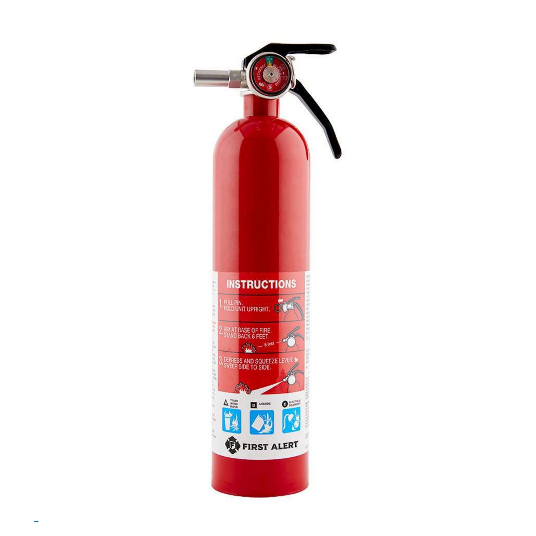 The FIRST ALERT FE1A10G Home1 is a red 2.5 lb fire extinguisher (UL Rated 1-A:10-B:C) with a black hose and handle, clear instructions and icons on a white label, and the FIRST ALERT brand at the bottom.