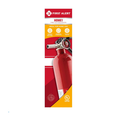 The FIRST ALERT FE1A10G Home1 Red 2.5 lb Fire Extinguisher, UL Rated 1-A:10-B:C, is ideal for household use. Packaged with a yellow background and silver nozzle, it’s perfect for home fire safety.
