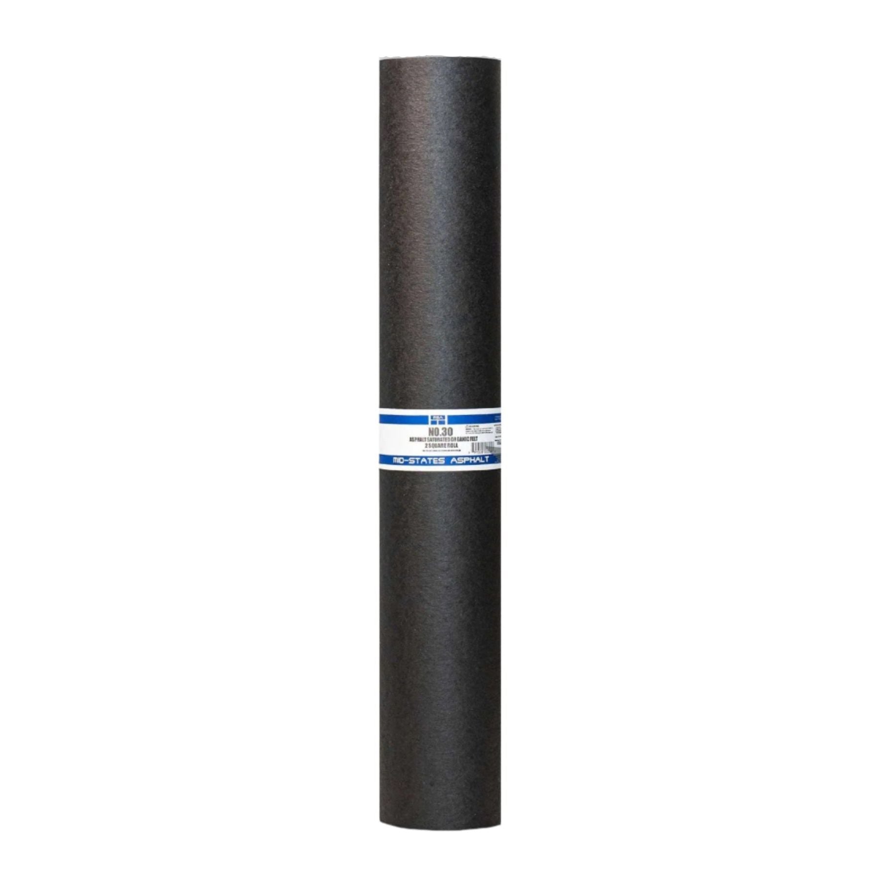 An upright roll of MSA 3 ft. x 72 ft. #30 Asphalt Saturated Organic Felt Roof Underlayment, with a blue and white band around the center, stands against a white background. Used for roof protection, it features a blue line marked 165.75.