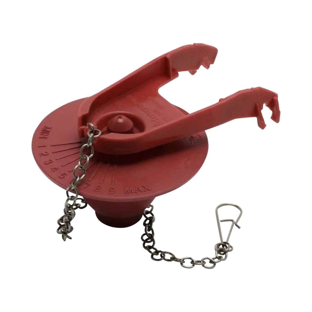 The Go Build 2 in. PerforMAX Universal High Performance, Water-Saving Toilet Flapper features a metal chain, hook, markings, and side arms for easy installation and improved efficiency in your toilet tank.