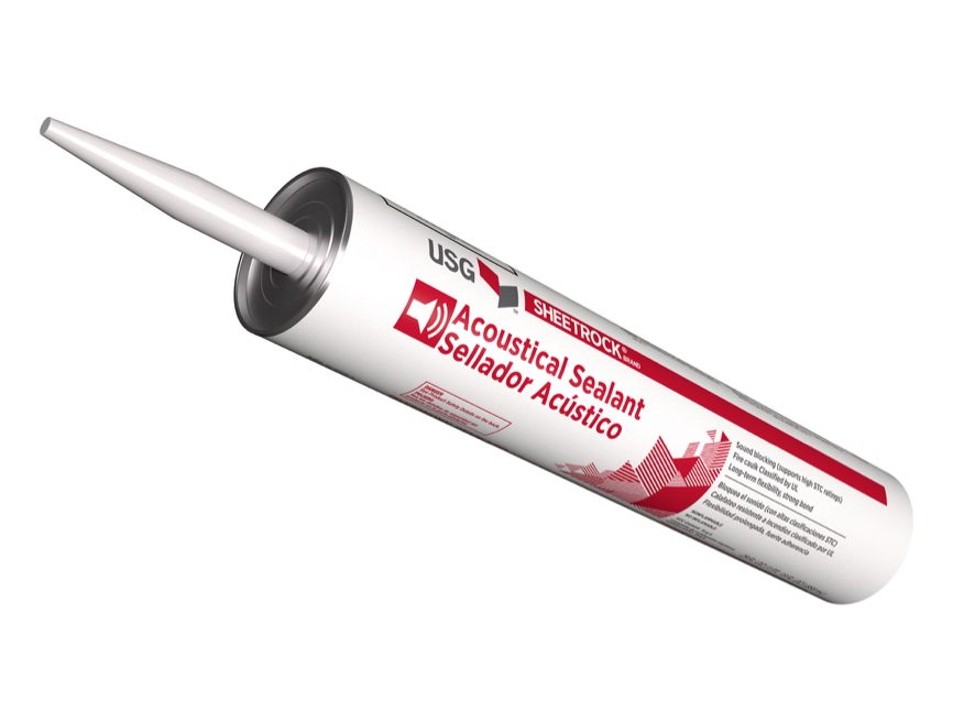 A 29 oz. tube of USG 030250 Sheetrock Acoustical Sealant with a white nozzle. The bilingual label features red graphics and instructions. Ideal for sealing STC/MTC fire-rated partitions in soundproofing projects.