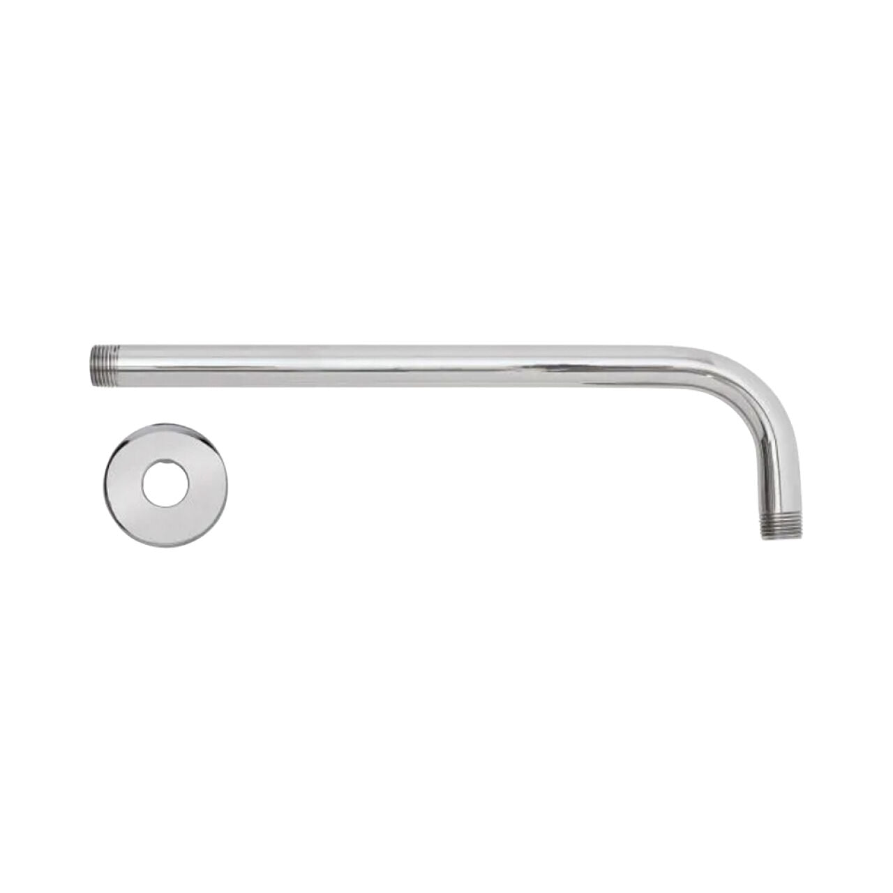 The Go Build 12 in. Raincan Shower Arm - Chrome features a 90-degree bend and matching round flange, shown on a white background—perfect for use as a Raincan Shower Arm.