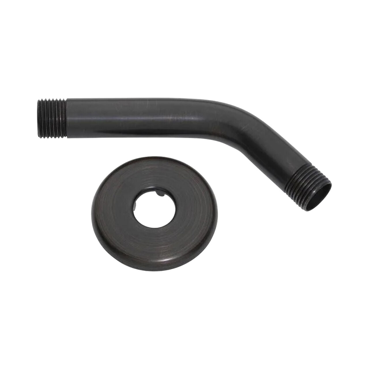 The Go Build 6 in. Shower Arm & Flange in oil rubbed bronze features a threaded shower arm and matching round flange with center hole, shown on a white background.