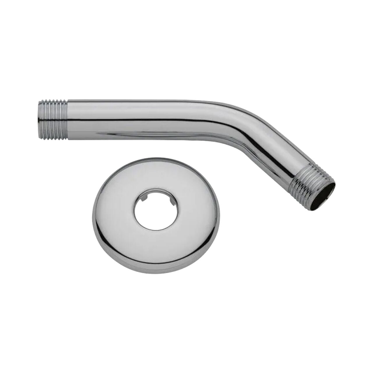 The Go Build 6 in. Shower Arm - Chrome and matching circular flange with center hole are displayed on a white background, showcasing their curved design and threaded ends.