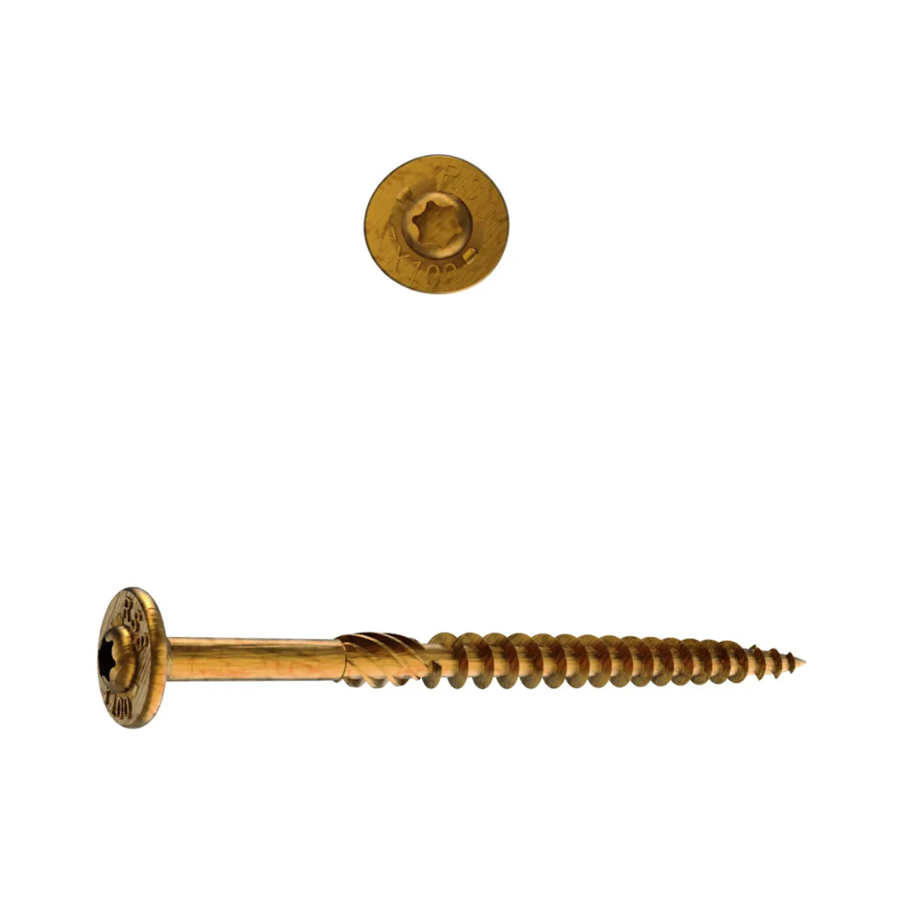 The Go Build 5/16 in. x 3-1/8 in. Star Drive Low Profile Washer Head Structural Wood Screw (100/Pack) features a gold, corrosion-resistant finish and flat washer-style head—shown side and top view as a lag screw alternative.