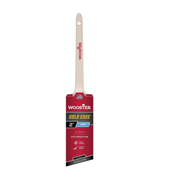 The WOOSTER Gold Edge Polyester Thin Angle Sash Paint Brush has a wooden handle, red packaging, and a silver ferrule. This 2-inch firm brush is perfect for all paints, offering precision with its thin sash bristles and promoting high production efficiency.