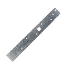 The Simpson Strong-Tie LSTA24 Galvanized Strap Tie is a long, flat metal strap with evenly spaced holes, ideal for wood-to-wood applications and tension loads. Product shown isolated on a white background.
