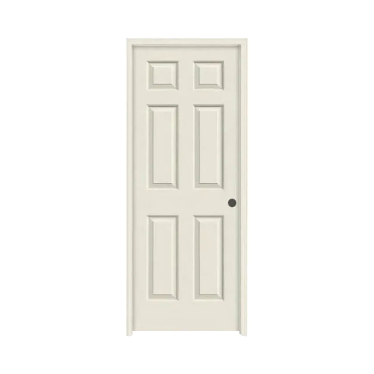The 28 in. x 78 in. Go Build Textured 6-Panel Composite Solid Core Prehung Interior Door with trim features a closed, off-white design, simple frame, and round black doorknob on the right, set against a white background.
