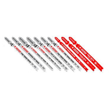A variety of DIABLO DJT10S jig saw blades are arranged in two neat rows, offering superior performance for longer cutting life. These Diablo blades, designed for wood and metal cutting, showcase colors of silver, white, and red.