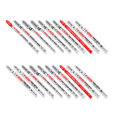 The DIABLO DJT20S 20-piece jig saw blade set by Diablo, designed for superior performance and longer cutting life, is displayed on a green background. The blades are labeled for metal, hardwood, softwood, and clean wood and are color-coded in red, gray, and white.