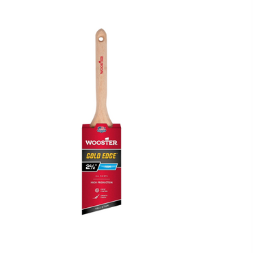 The WOOSTER Gold Edge Polyester Angle Sash Paint Brush features firm bristles for precise application. Its sturdy wooden handle and distinctive red label make it perfect for high-production tasks on walls and trim.