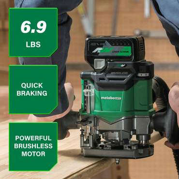 A person uses the Go Build Metabo HPT M3612DA 36V Cordless Variable Speed Plunge Router (6.9 lbs) with quick braking and a powerful brushless motor on wood in a workshop. Other tools and wood are visible in the background.