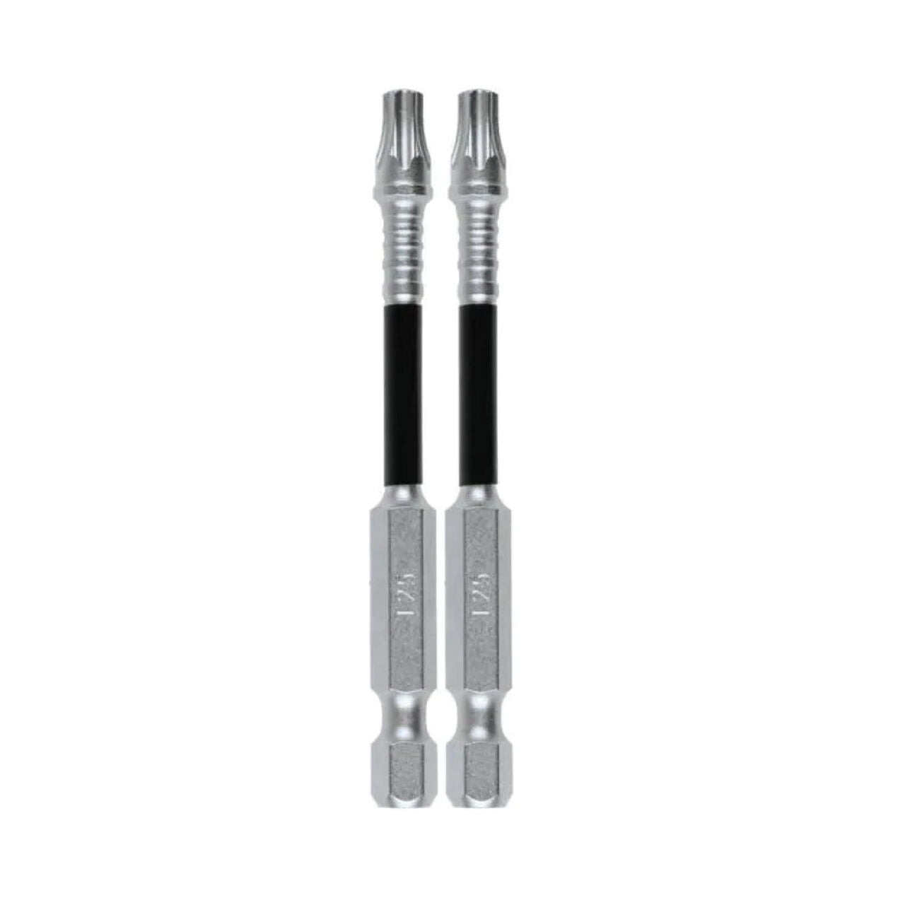 Two identical Go Build 3 in. IMPACT XPS T25 Torx Power Bits stand upright side by side against a white background. Each bit features a durable hexagonal base and grooved shaft for reliable performance.