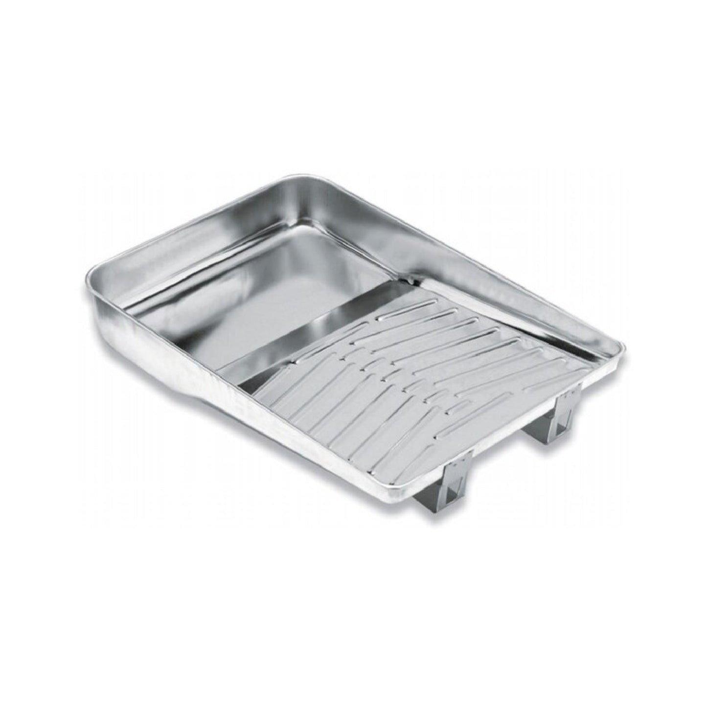 The PAINT FORCE PAINT-FORCE 33174 9MT 9 in. Metal Paint Tray features a ribbed slanted surface, elevated edges, and rust-resistant material for professional-grade durability, ideal for use with paint rollers.