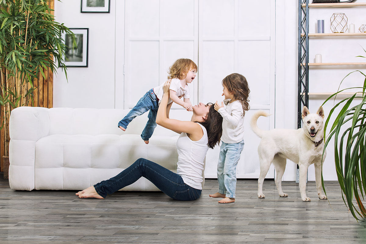 A woman sits on the floor holding a laughing toddler above her while another child and a white dog stand nearby in a bright living room with lush plants, a white sofa, and stylish MSI Cyrus Mezcla Luxury Vinyl Planks flooring.