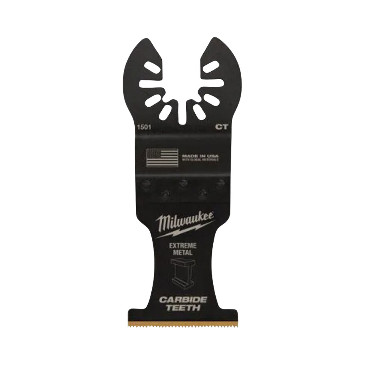 The Go Build 1-3/8 in. Carbide Universal Fit Extreme Metal Cutting Multi-Tool Oscillating Blade features carbide teeth, a curved open-end design, and versatile fit for cutting extreme metal.