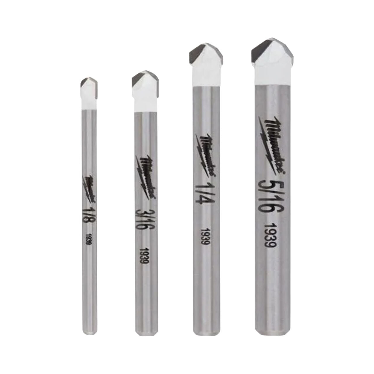 The Go Build Carbide Natural Stone Bit Set includes four silver-shaft, white-tipped bits (1/8, 3/16, 1/4, 5/16) for precise, durable drilling in natural stone—by The Fastest Way To Build.