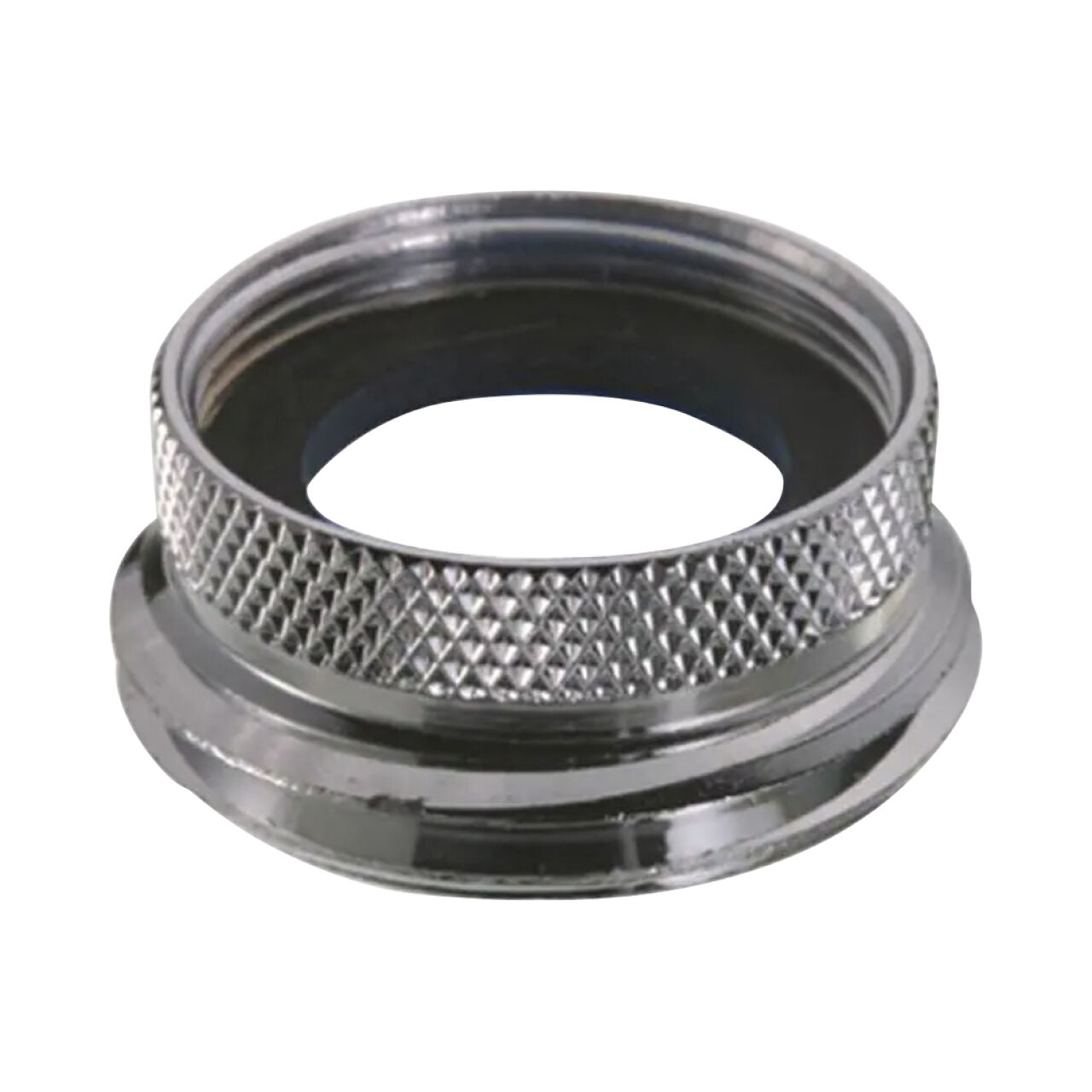 A close-up of the Go Build 55/64 in. x 3/4 in. Solid-Brass Female x Male Hose Adapter, featuring a metallic knurled ring with a textured grip and internal threads, isolated on a white background.