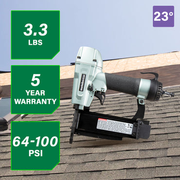 The METABO HPT NP50A 23 Gauge 2 Inch Pro Pin Nailer by Go Build weighs 3.3 lbs, offers a 5-year warranty, features dry-fire lockout, operates at 64–100 PSI, and is ideal for professional carpenters.
