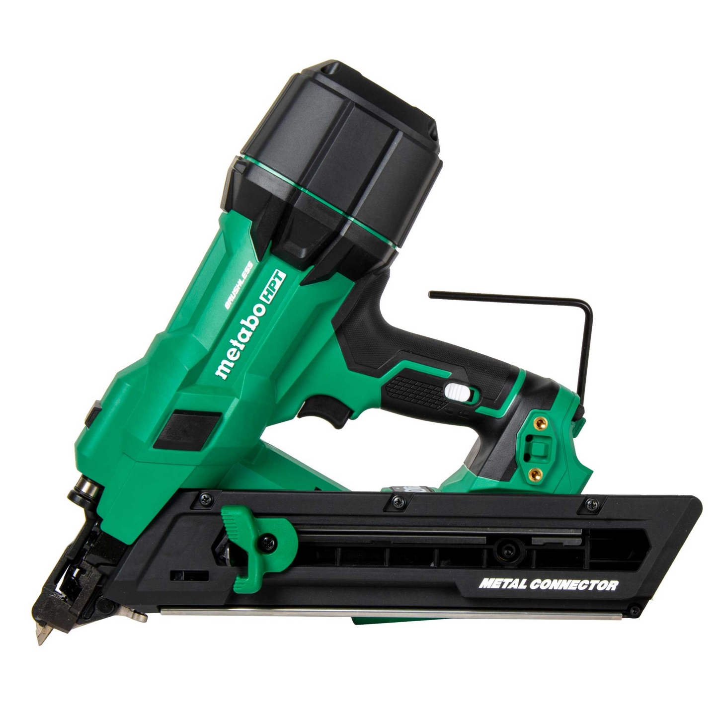 A green and black Go Build Metabo HPT NR1838DKA 18V MultiVolt Brushless 1-1/2" Metal Connector Nailer (1x4.0Ah) is shown from the side against a white background, offering cordless power for precise metal connector fastening jobs.