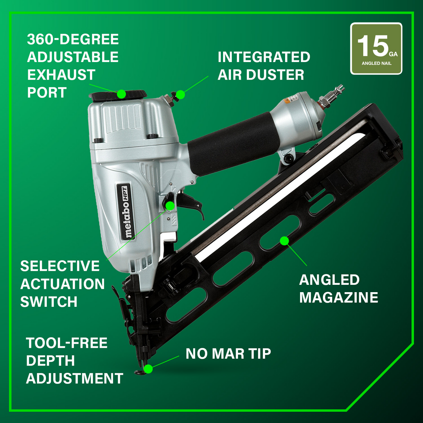 The Metabo HPT NT65MA4 by Go Build is a 2-1/2" 15 gauge angled finish nailer with air duster, featuring a 360° adjustable exhaust port, selective actuation switch, tool-free depth adjustment, no mar tip, and an angled magazine.