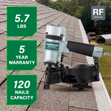 The Metabo HPT NV45AB2 Coil Roofing Nailer by Go Build is shown on a roof, highlighting its 5.7 lb weight, 5-year warranty, and 120-nail capacity. A building with a green lawn appears in the background.