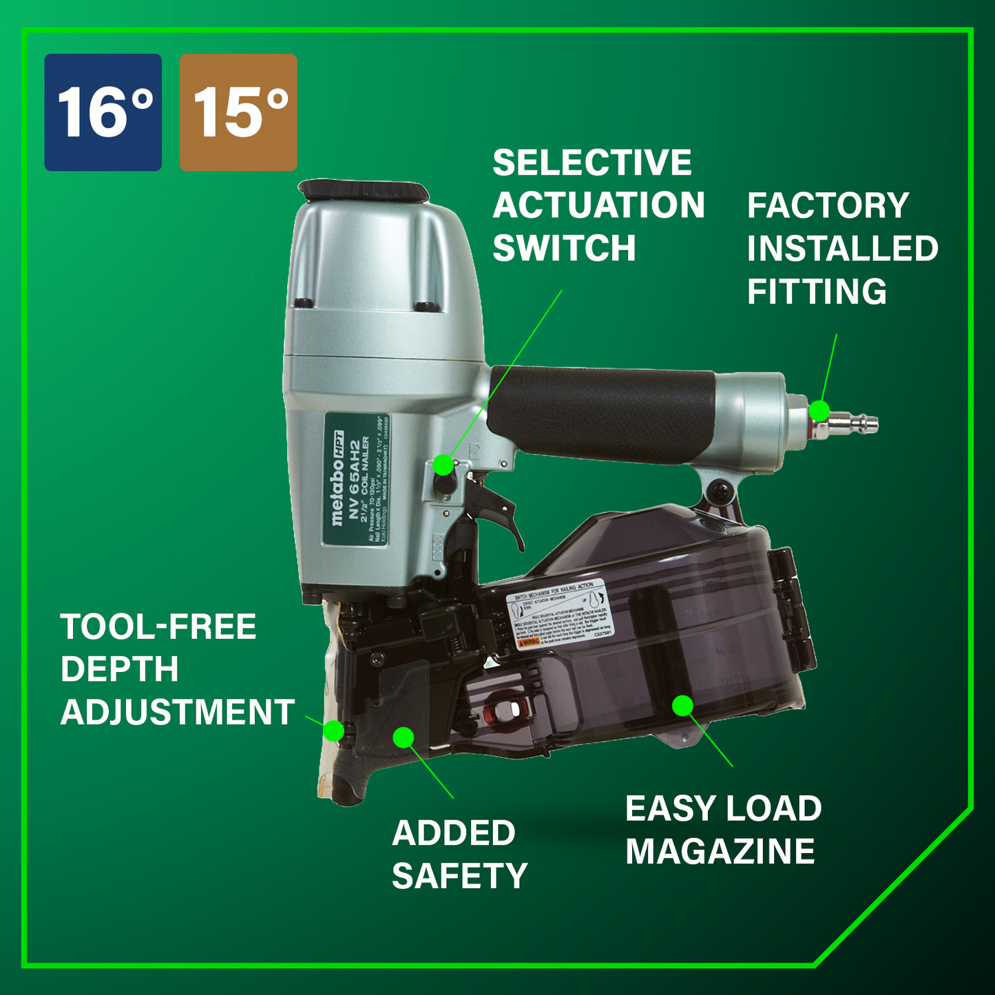The Go Build 2-1/2 Inch Coil Siding Nailer | Metabo HPT NV65AH2 in green and silver features 16°/15°, selective actuation, factory-installed fitting, tool-free depth adjustment, added safety, and easy-load magazine against a green background.