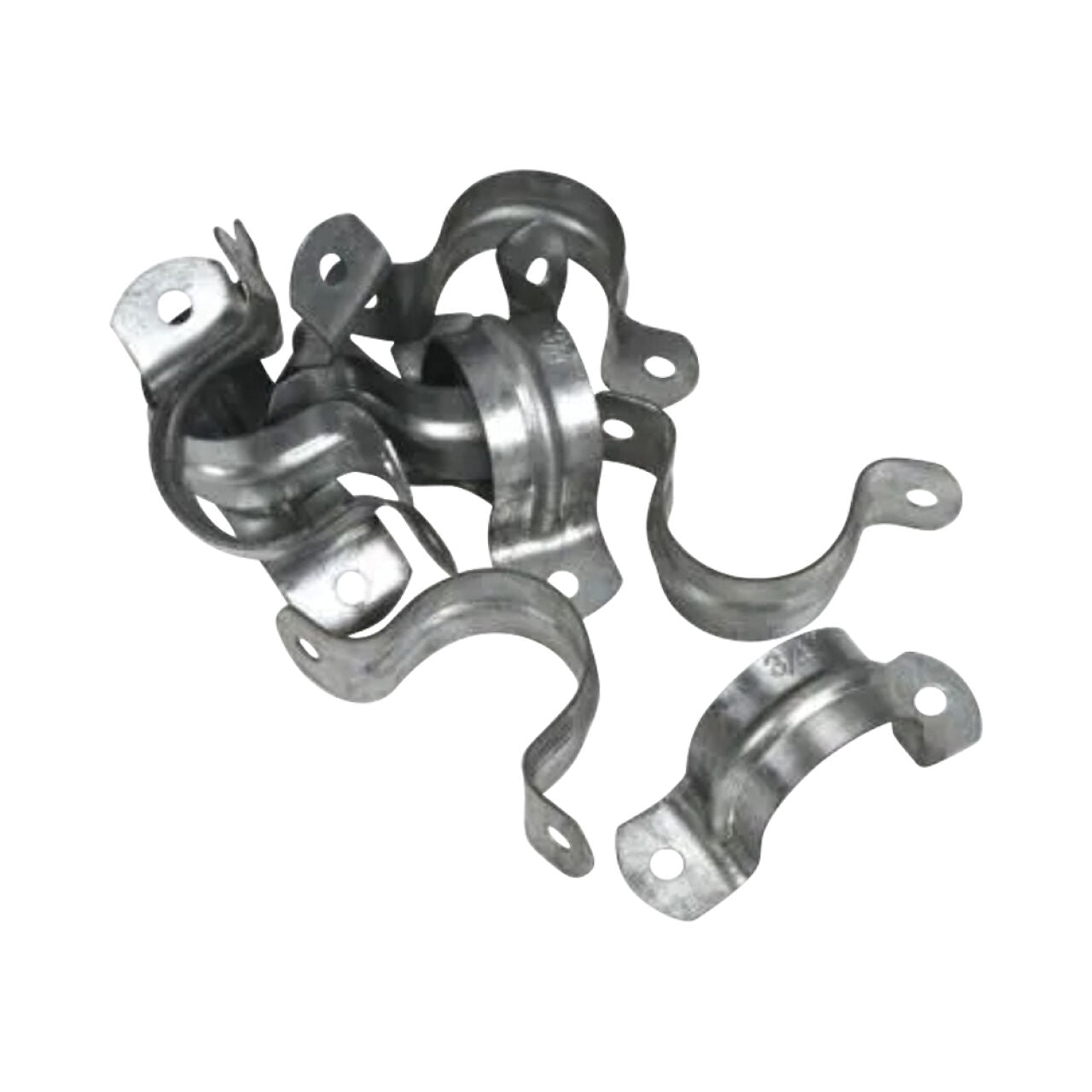 Go Build 1/2 in. Galvanized 2-Hole Pipe Hanger Strap (10/Pack) secures pipes or conduit to surfaces, featuring silver curved straps with two holes at each end. Brand: Go Build, The Fastest Way To Build.