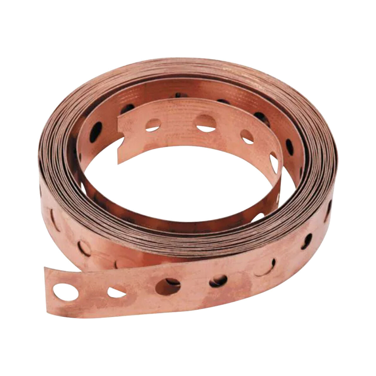 The Go Build 3/4 in. x 10 ft. 24 Ga Copper Pipe Hanger Strap is a coiled copper strip with evenly spaced circular holes, shown on a white background.