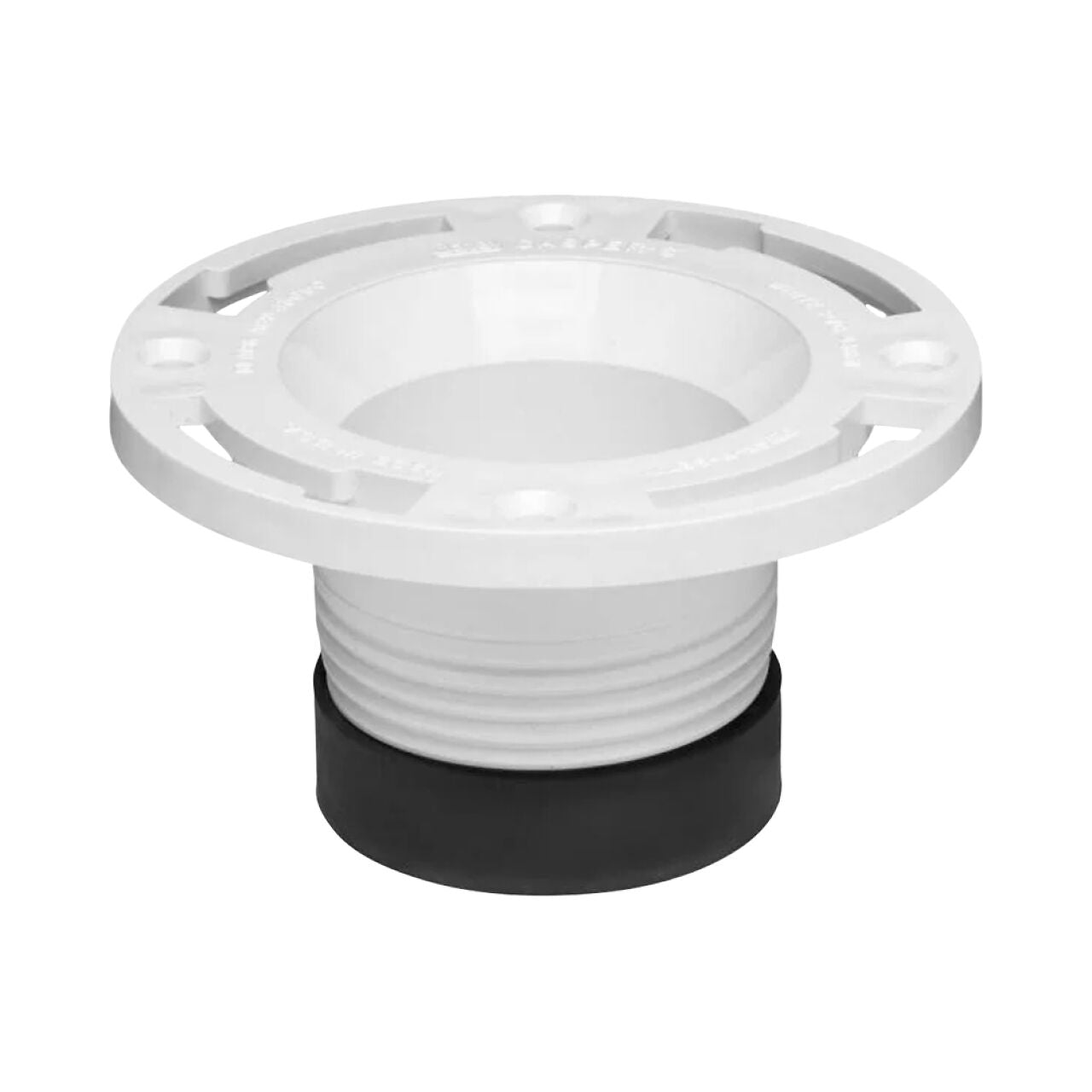 The Go Build 3 in. PVC Twist-N-Set Open Toilet Flange features a white round base with bolt holes and a black rubber gasket, ideal for connecting a toilet to a drain pipe or for replacement.