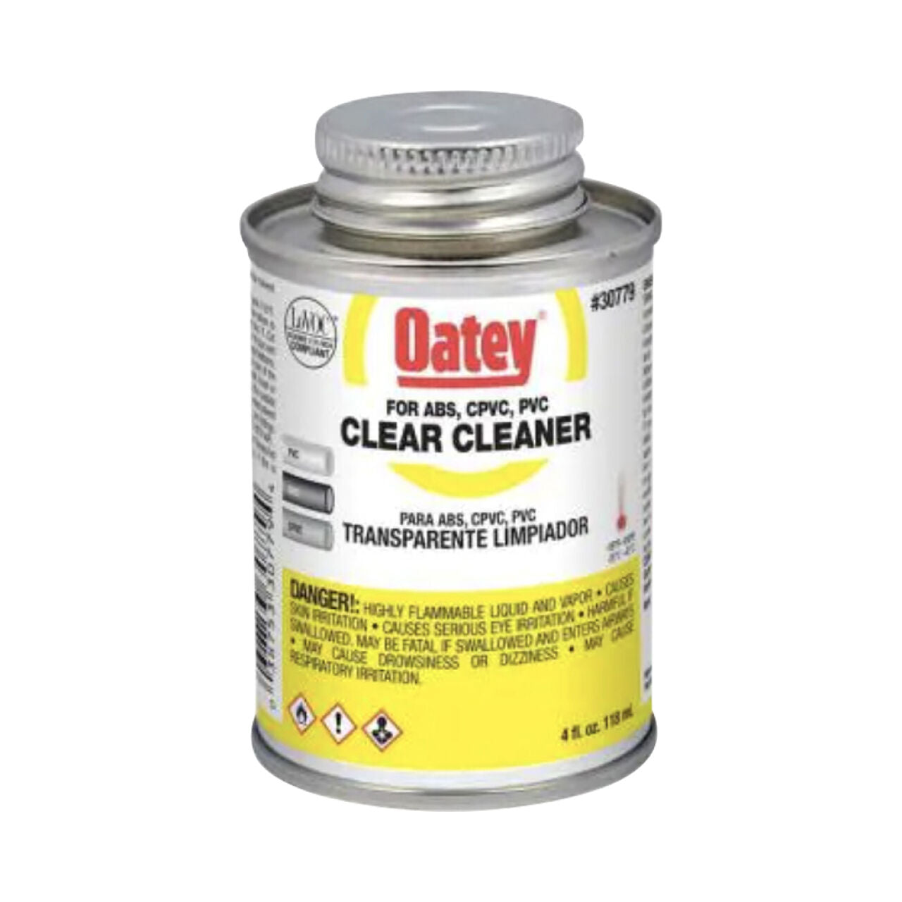 An 8 oz. can of Go Build Clear All-Purpose Pipe Cleaner for ABS, CPVC, and PVC pipes features a metal screw-on lid and a white/yellow label with product info and warnings in English and Spanish. Brand: Go Build, The Fastest Way To Build.