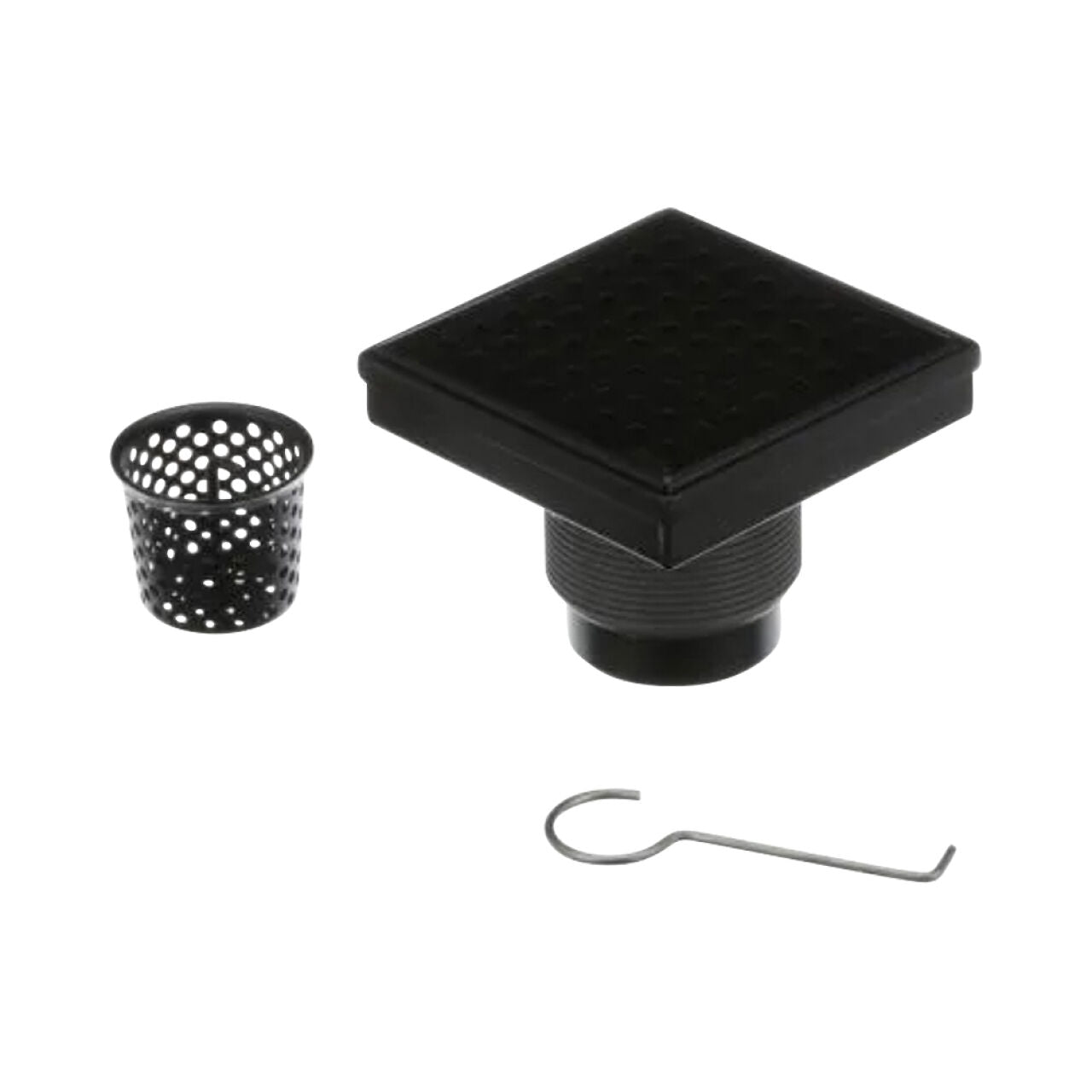 The Go Build 4 in. x 4 in. Designline Stainless Steel Square Shower Drain features a matte black square pattern cover, threaded base, small perforated strainer basket, and metal hook tool, all shown on a white background.