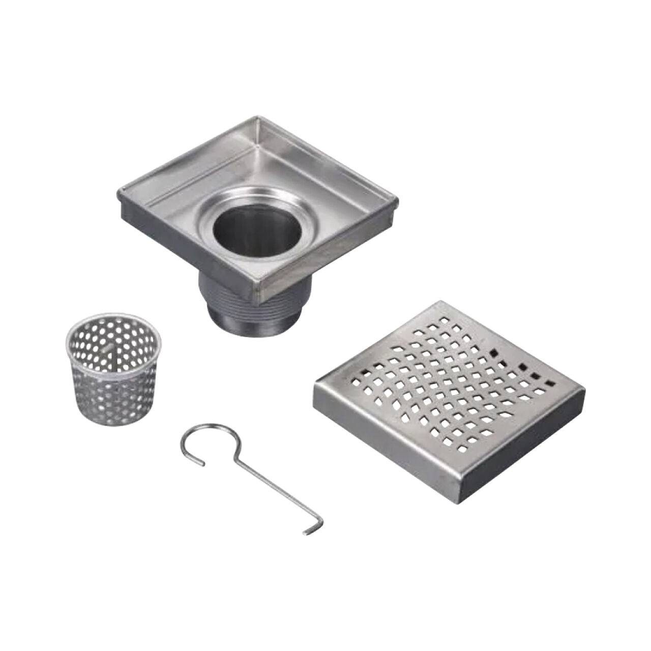 The Go Build 4x4 in. Designline Stainless Steel Square Shower Drain set includes a wave pattern drain cover, basket strainer, main drain body, and hook tool, all arranged neatly on a white background.