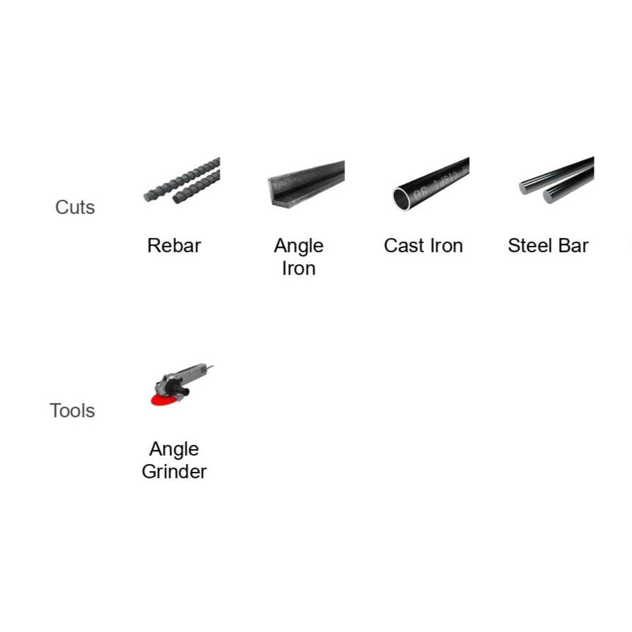 Diagram showing metal cuts and tools. Top: images of Rebar, Angle Iron, Cast Iron, Steel Bar. Bottom: Diablos Angle Grinder featuring the DIABLO DBD070250B01F 7 in. x 1/4 in. x 5/8 in. -11 Metal Grinding Disc Type 27 HUB as a cutting tool with an aluminum oxide blend disc.