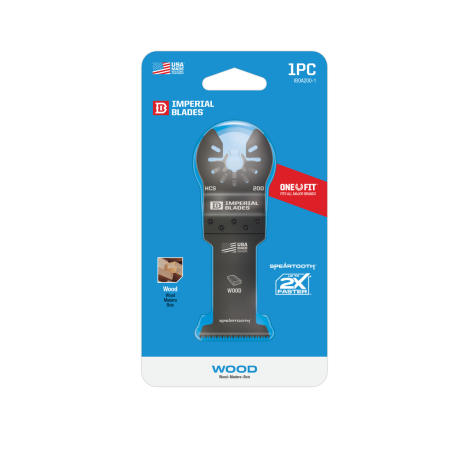 The Imperial Blades 1-3/8 in. Universal Fit Japanese Teeth Hardwood Cutting Multi-Tool Oscillating Blade features durable high carbon steel with a marked black blade for wood, displayed on a blue and white card. One Fit and Made in the USA emphasize its universal compatibility and quality.