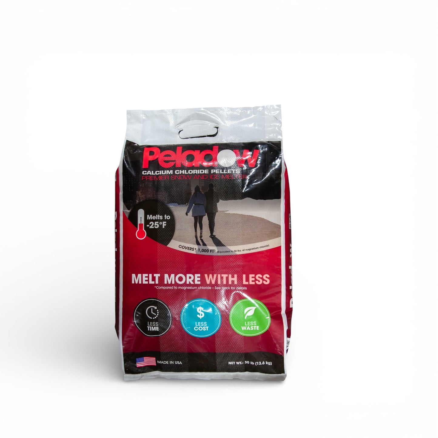 A 50lb bag of PELADOW Premier Calcium Chloride Salt Ice Melt by Peladow, highlighting fast and efficient melting to save time, cost, and waste. The package shows a person walking on a cleared sidewalk.