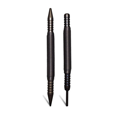 Two SPRING TOOLS PM407 Paint Pro Pak tools with ribbed bodies stand vertically: a door pin removal tool and a nail set, each with pointed and flat tips. Both cast shadows on a white background.