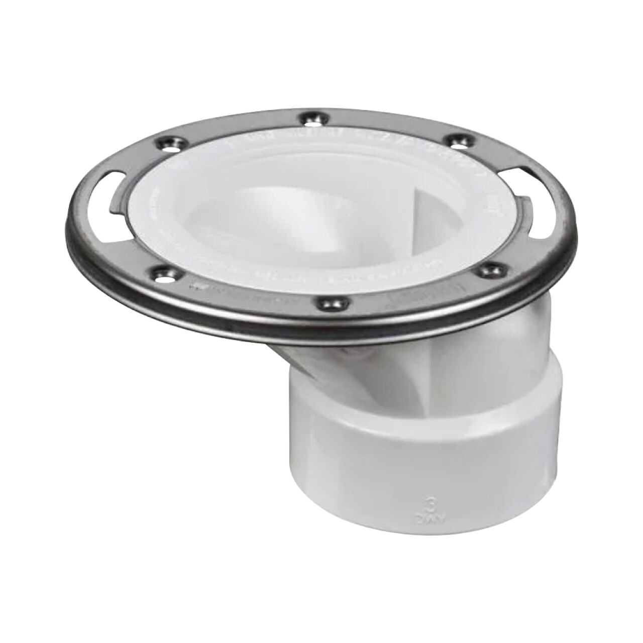 The Go Build 3 in. PVC Open Offset Toilet Flange with Stainless Steel Ring is designed to secure a toilet to the floor and connect it to the drain pipe, featuring an angled outlet for offset installations.