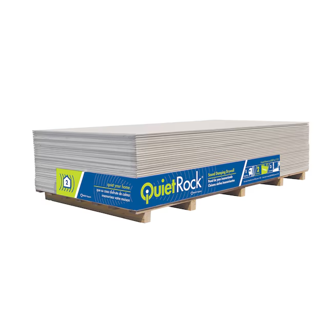 A stack of QuietRock 5/8 in. x 4 ft. x 8 ft. ES Type X Sound-Reducing Drywall panels sits neatly on wooden pallets, with labels highlighting the brands noise control features visible on the white drywall sheets.
