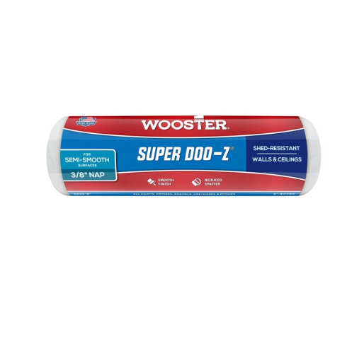 The WOOSTER Super Doo-Z 9 in. White Woven Paint Roller Cover is ideal for semi-smooth surfaces, providing a shed-resistant finish on walls and ceilings with a 3/8 nap. Its packaging features prominent product information in red, blue, and white.