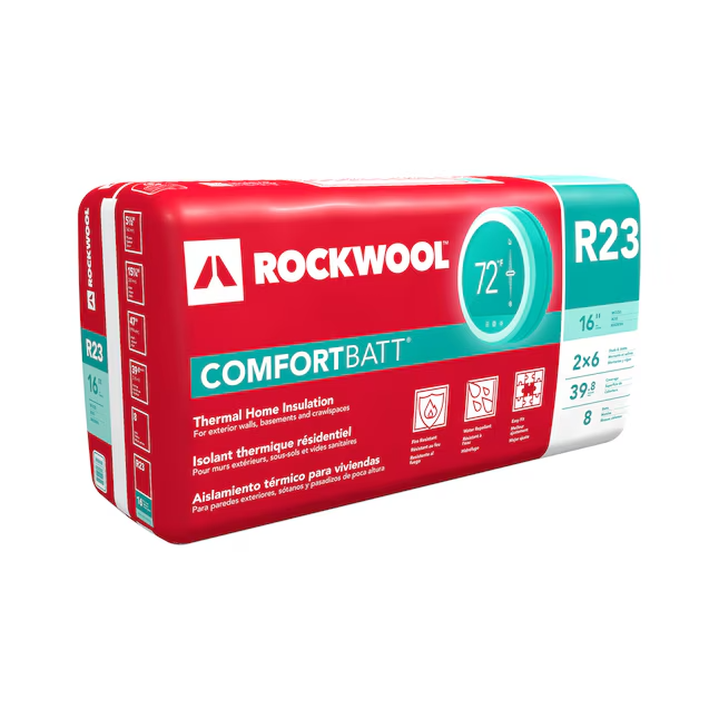 The ROCKWOOL RXCB551525 R23 ComfortBatt Stone Wool Insulation (5-1/2 in. x 15.25 in. x 47 in.) offers superior sound resistance and is ideal for exterior walls and basements; package features Rockwool’s red and teal branding.